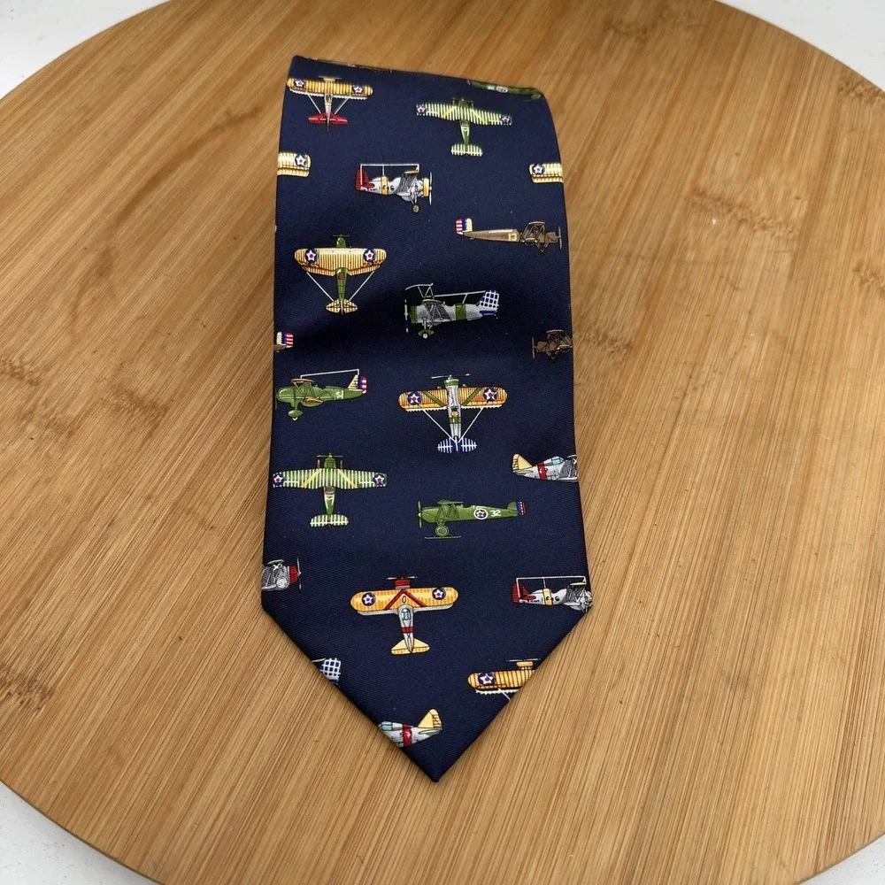 Alynn Necktie Blue Silk War Plane Aviation Print Retro Novelty Career Office